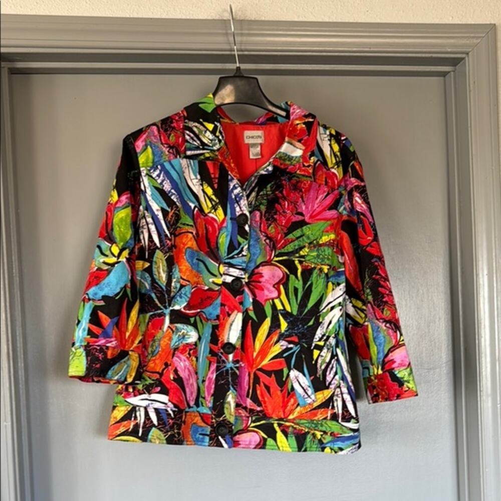 Chico's Bright Artsy Floral Button Front Lined Jacket 3/4 Sleeves sz Large Y2K